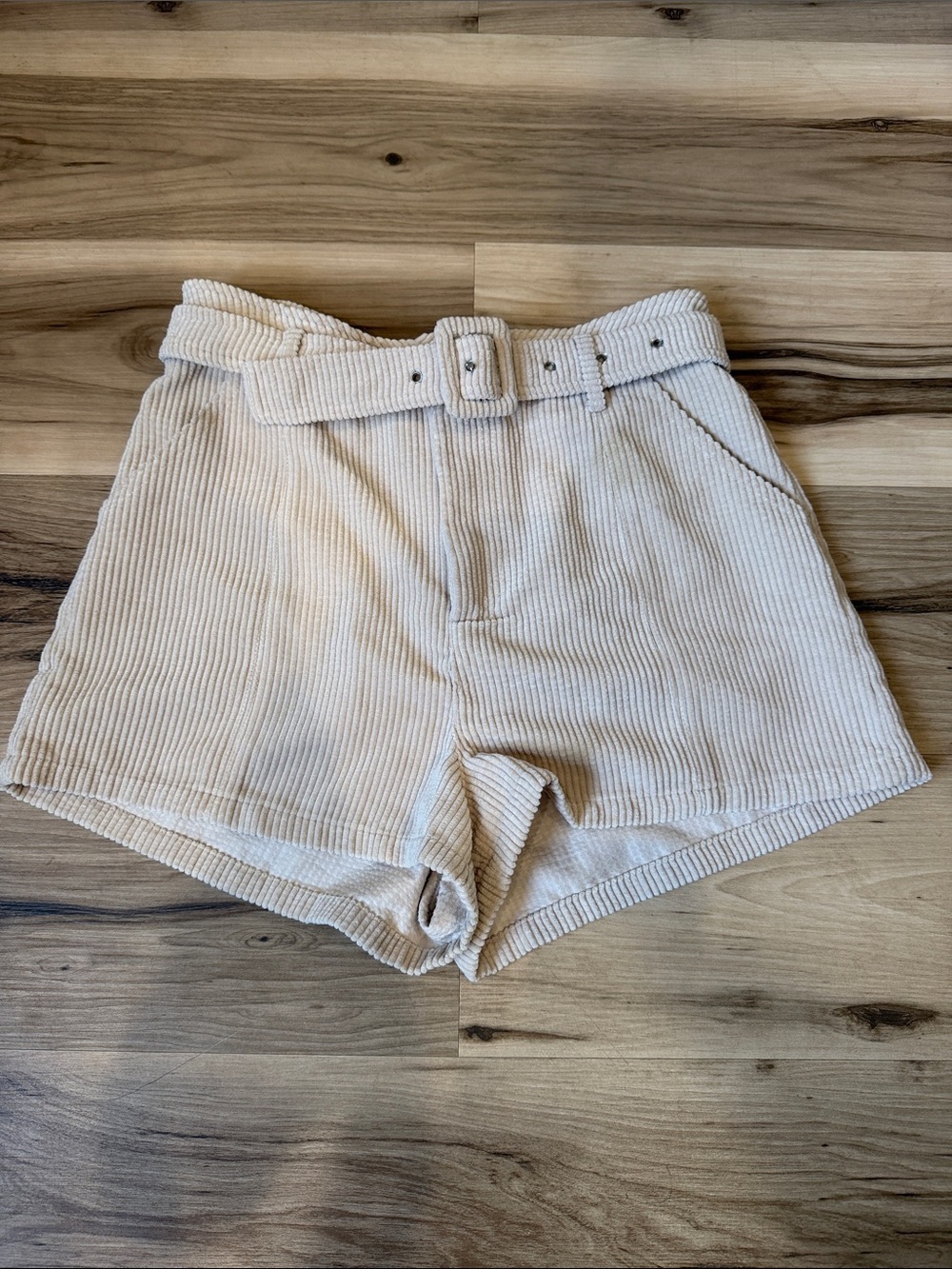 Altar'd State Cream High-Waist Corduroy Belted Shorts